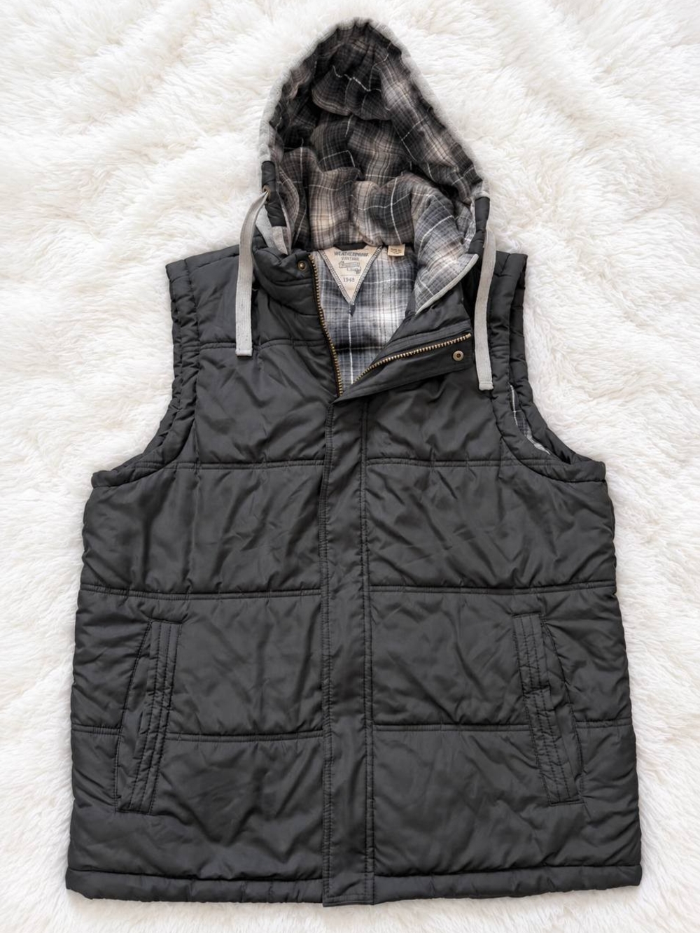 Weatherproof Black Quilted Hooded Vest since 1948 with Plaid Lining